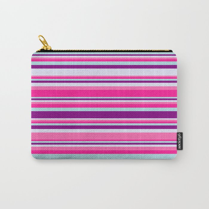 Colorful Hot Pink, Deep Pink, Powder Blue, Purple, and Lavender Colored Lined Pattern Carry-All Pouch