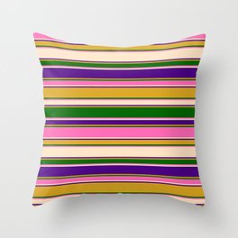 [ Thumbnail: Eyecatching Goldenrod, Dark Green, Hot Pink, Bisque & Indigo Colored Striped/Lined Pattern Throw Pillow ]