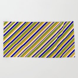 [ Thumbnail: Vibrant Dark Blue, Tan, Green, Goldenrod & Bisque Colored Striped Pattern Beach Towel ]