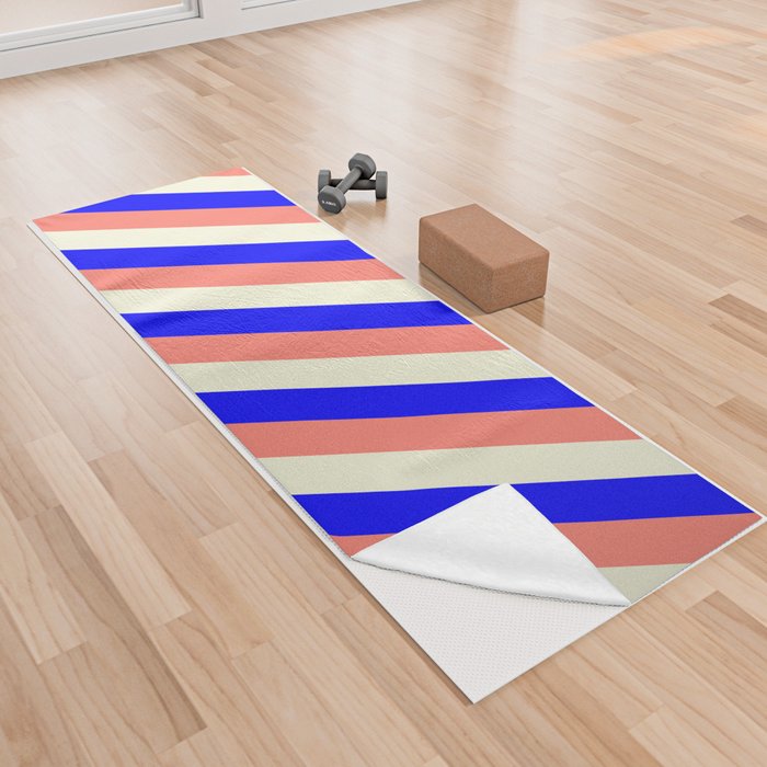 Blue, Salmon & Beige Colored Stripes/Lines Pattern Yoga Towel