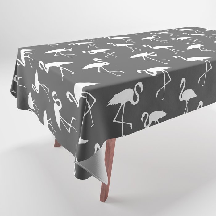 White flamingo silhouettes seamless pattern on dark grey background Tablecloth