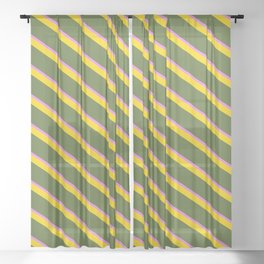 [ Thumbnail: Yellow, Dark Olive Green & Violet Colored Striped/Lined Pattern Sheer Curtain ]