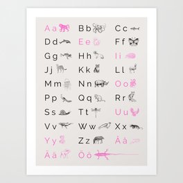 Swedish alphabet animals pink  Art Print