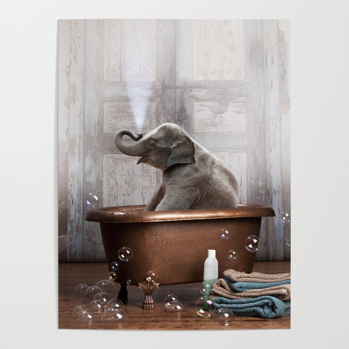 Elephant in Vintage Bathtub Poster