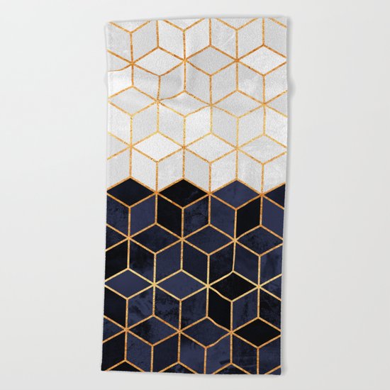 White & Navy Cubes Beach Towel