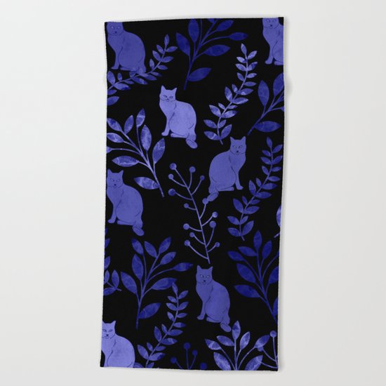 Watercolor Floral and Cat Beach Towel