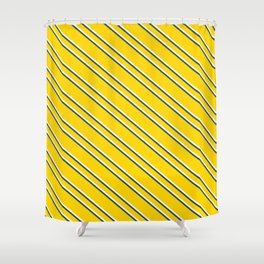 [ Thumbnail: Yellow, White, and Dark Slate Gray Colored Lined/Striped Pattern Shower Curtain ]