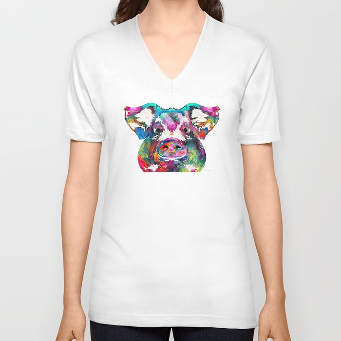 Colorful Pig Art - Squeal Appeal - By Sharon Cummings V Neck T Shirt