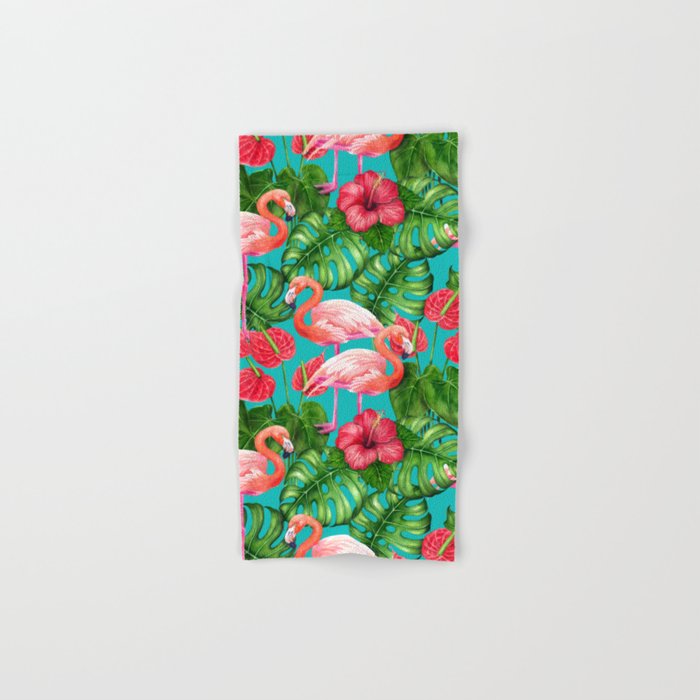Flamingo birds and tropical garden          watercolor Hand & Bath Towel