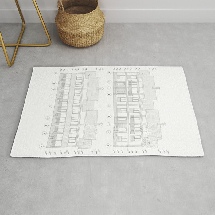 Townhouse building detailed architectural technical drawing, vector blueprint Rug