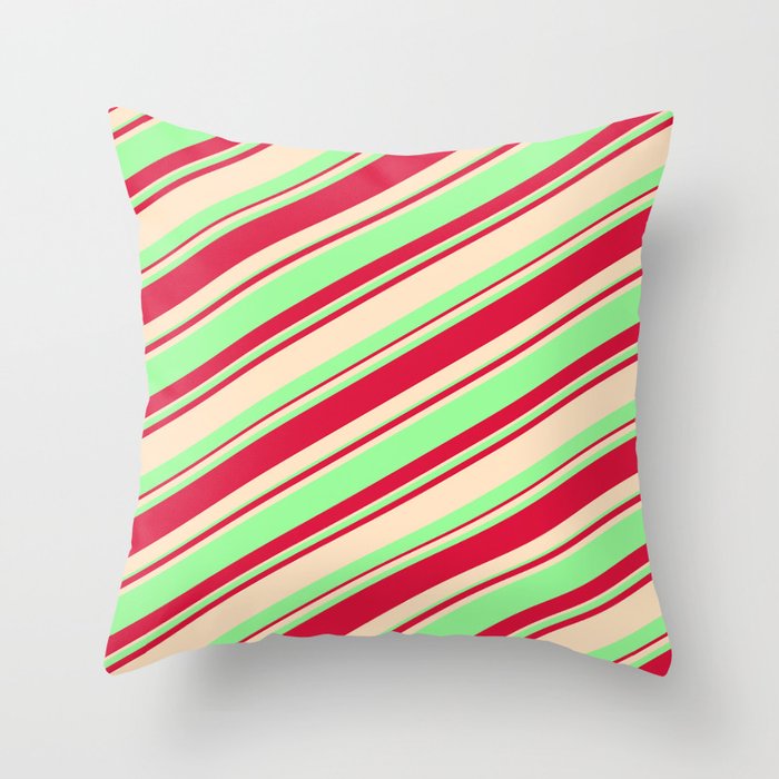 Bisque, Green, and Crimson Colored Striped/Lined Pattern Throw Pillow