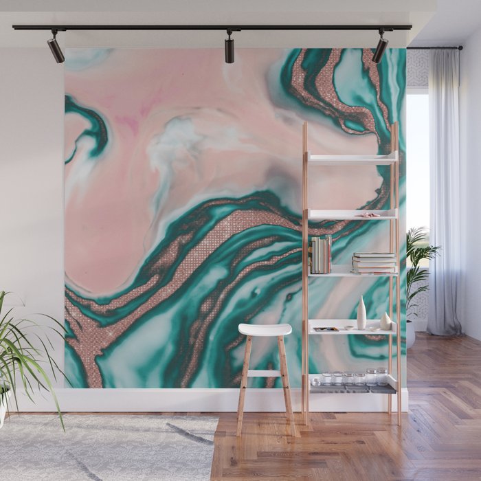 Rose Gold Glitter Pink Teal Swirly Painted Marble Wall Mural By Lafemmeart