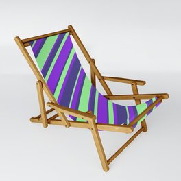 [ Thumbnail: Purple, Dark Slate Blue & Green Colored Striped/Lined Pattern Sling Chair ]