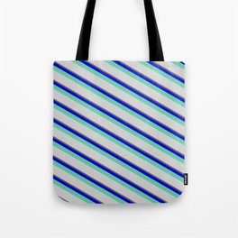 [ Thumbnail: Dim Grey, Blue, Aquamarine & Light Grey Colored Lined/Striped Pattern Tote Bag ]