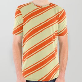 [ Thumbnail: Pale Goldenrod & Red Colored Lined Pattern All Over Graphic Tee ]