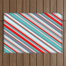 [ Thumbnail: Colorful Light Grey, Red, Turquoise, Slate Gray & Light Cyan Colored Pattern of Stripes Outdoor Rug ]