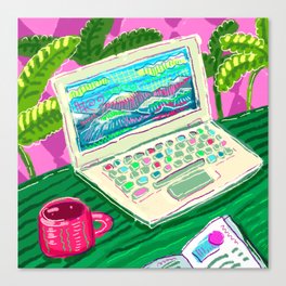 Colorful illustration with laptop and a cup of tea Canvas Print
