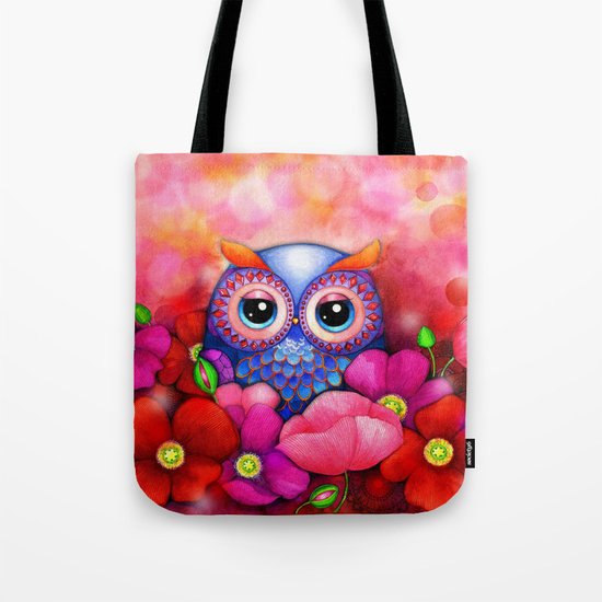 Owl in Poppy Field Tote Bag