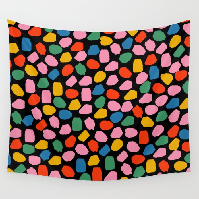 Ink Dot Colourful Mosaic Pattern in Rainbow Pop Colours on Black Wall Tapestry