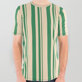 [ Thumbnail: Sea Green & Bisque Colored Stripes Pattern All Over Graphic Tee ]