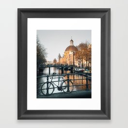 Golden hour in Amsterdam | Bike on the bridge at the Dutch canal art print photography Framed Art Print
