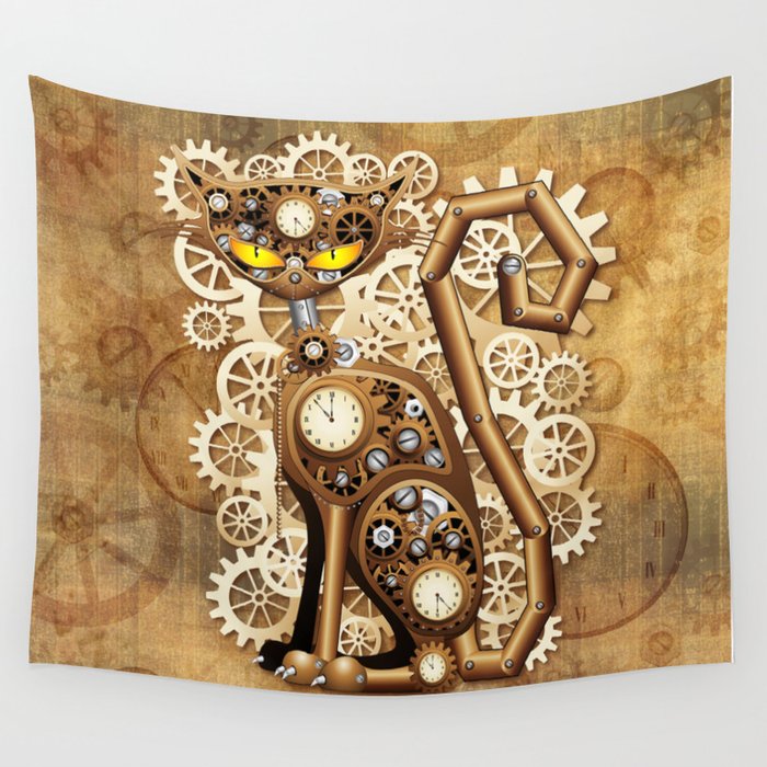 Steampunk Cat Vintage Style Wall Tapestry
