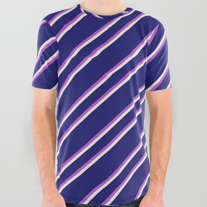 Midnight Blue, Orchid, and Beige Colored Lined Pattern All Over Graphic Tee