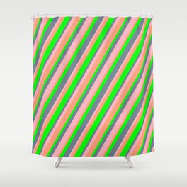 [ Thumbnail: Light Pink, Light Salmon, Lime, and Slate Gray Colored Lines/Stripes Pattern Shower Curtain ]