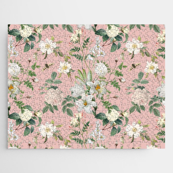 White Flowers Lush Floral Botanical Pattern & Pink Hibiscus Color  Jigsaw Puzzle