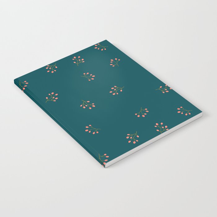 Branches With Red Berries Seamless Pattern on Teal Blue Background Notebook