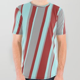 [ Thumbnail: Turquoise, Dark Gray, and Brown Colored Lined/Striped Pattern All Over Graphic Tee ]