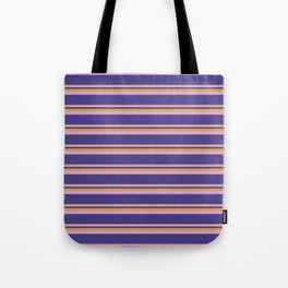 [ Thumbnail: Goldenrod, Plum, and Dark Slate Blue Colored Lines Pattern Tote Bag ]