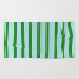 [ Thumbnail: Powder Blue and Forest Green Colored Stripes Pattern Beach Towel ]