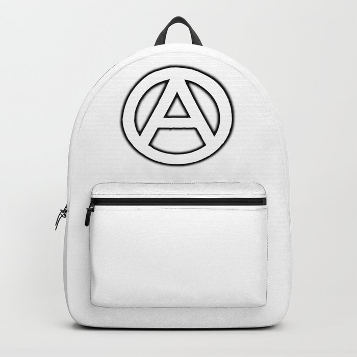 Anarchy Circular Symbol in white with black shadow. Backpack