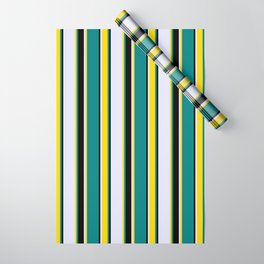 [ Thumbnail: Teal, Yellow, Lavender & Black Colored Striped Pattern Wrapping Paper ]