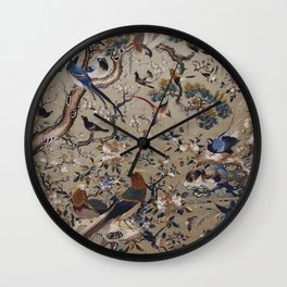 Antique,silk painting, asian,beautiful,nature,chic,birds,flowers,trees,elegant,vintage,modern,trendy, gold,colorful Wall Clock