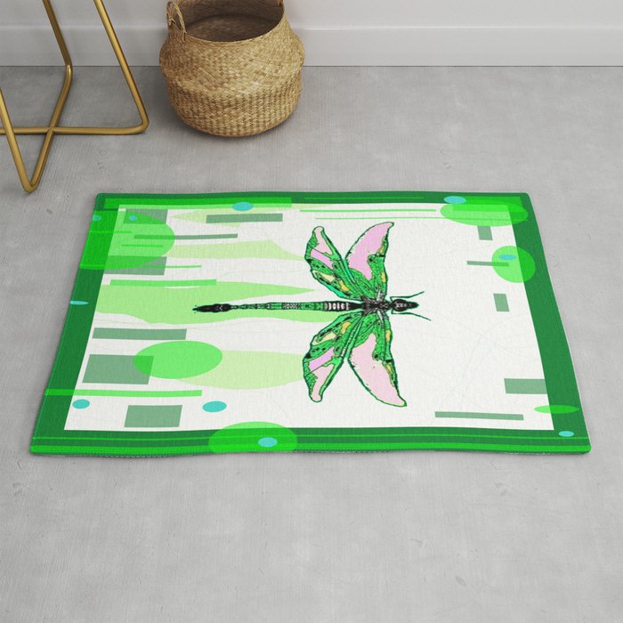 Emerald Green Dragonfly Abstract Rug