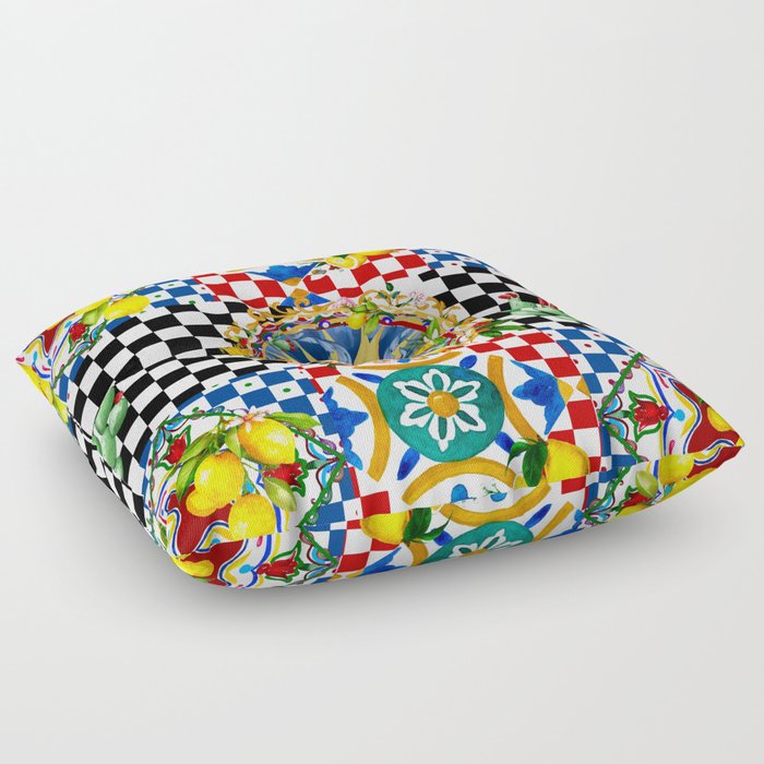 Sicilian sun,tiles,summer,majolica,lemon art Floor Pillow