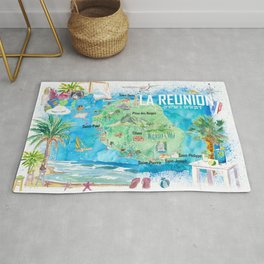 La Reunion Illustrated Island Travel Map with Tourist Highlights Rug