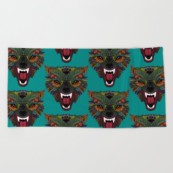 wolf fight flight teal Beach Towel