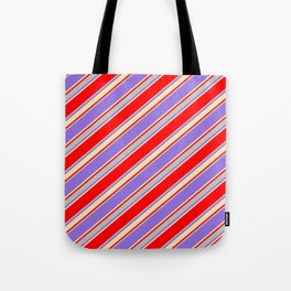 [ Thumbnail: Red, Grey, Purple & Beige Colored Stripes/Lines Pattern Tote Bag ]