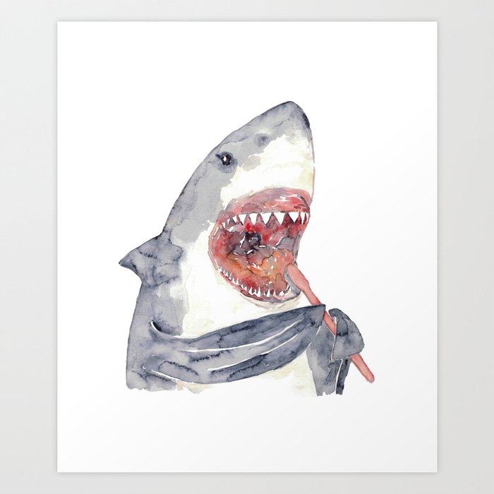 Shark brushing teeth bath watercolor Art Print