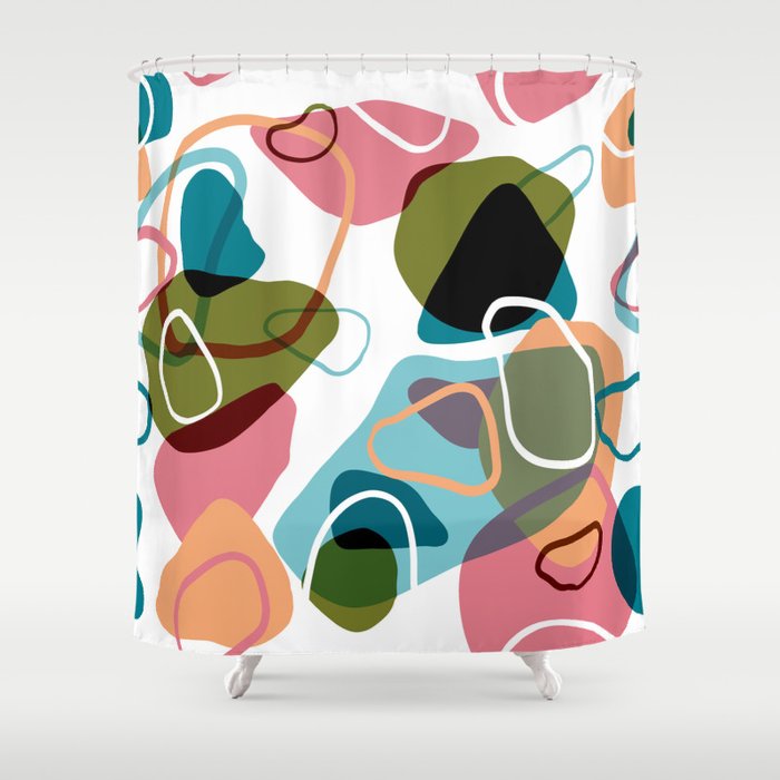 Topographic Terrazzo Atomic Retro Pattern with Olive Green Shower Curtain