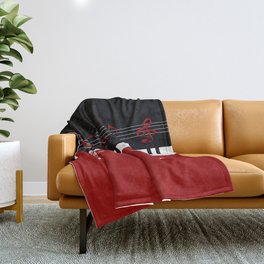 Stylish red. black and white piano keys and musical notes Throw Blanket