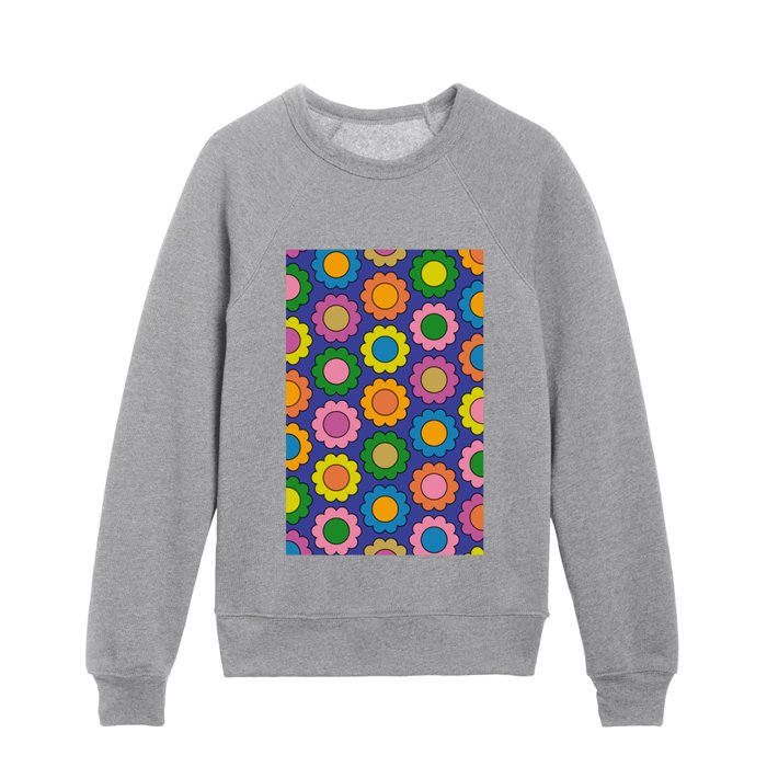 Colorful Happy Flowers Cheerful Retro Pattern on Blue Kids Crewneck