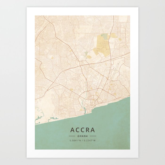 Accra, Ghana - Vintage Map Art Print