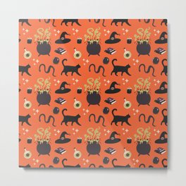 HALLOWEEN PATTERN (ORANGE BACKGROUND) Metal Print | Magical, Moon, 31Thoctober, Bespoky, Spider, Witch, Clipart, Graphicdesign, 31October, Pumpkin 