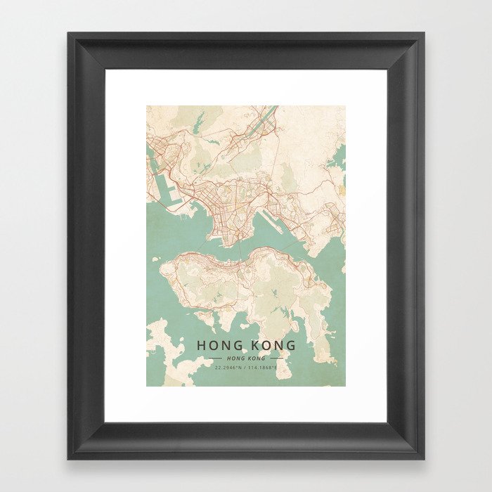 Hong Kong, Hong Kong - Vintage Map Framed Art Print