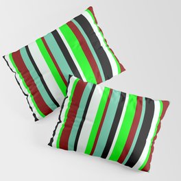 [ Thumbnail: Eyecatching Aquamarine, Maroon, Lime, Mint Cream & Black Colored Lined/Striped Pattern Pillow Sham ]