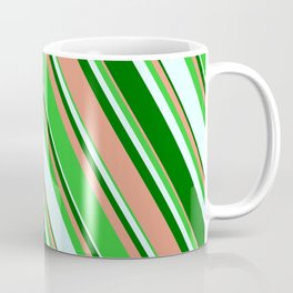 [ Thumbnail: Dark Salmon, Lime Green, Light Cyan, and Dark Green Colored Stripes/Lines Pattern Coffee Mug ]